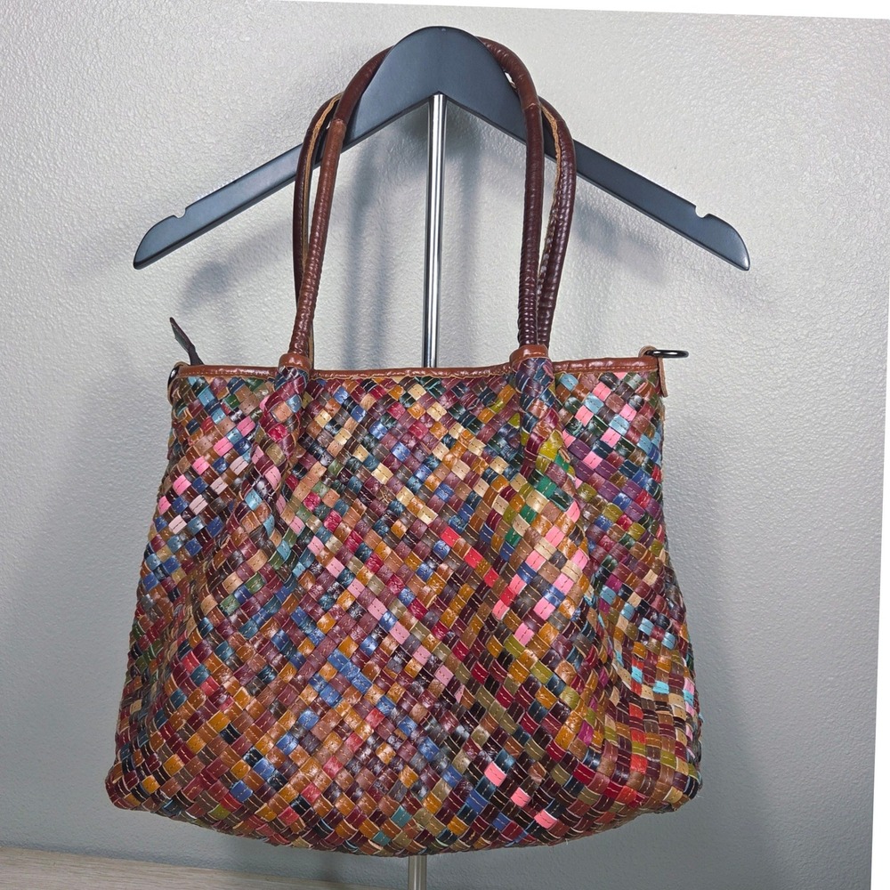 AmeriLeather Multicolor Woven Leather Tote Bag Patchwork Shoulder Purse Boho Art - Picture 2 of 16